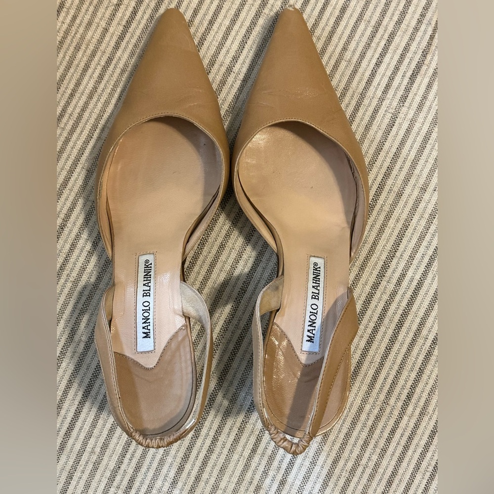 Manolo Blahnik Tan Kitten Heel Slingbacks with Pointed Toe
